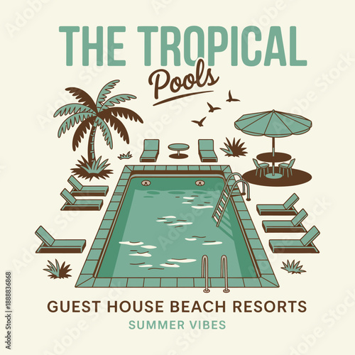 Tropical Illustration Pool Badge Design with Palm Trees and Beach Elements, Summer Resort Style Graphic for T-Shirt Print and Apparel Fashion