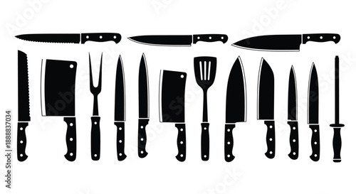 Collection of various black kitchen cutlery icons including knives cleavers spatulas and a sharpening steel