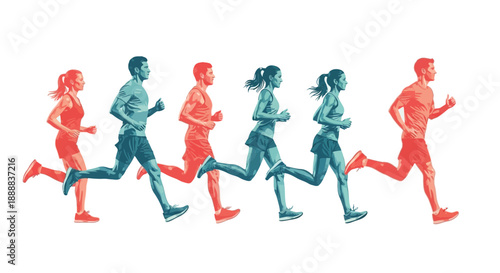 Group of diverse male and female athletes running together in coordinated motion illustration