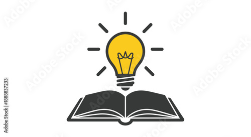 Illuminated lightbulb glowing brightly above an open book symbolizes knowledge and brilliant ideas
