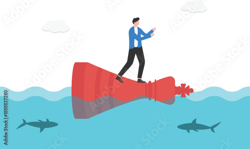 Stability in Crisis Concept with Businessman Balancing on Giant Chess King Floating in Shark Sea