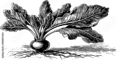 Vintage botanical engraving of chicory root plant with underground structures for herbal study