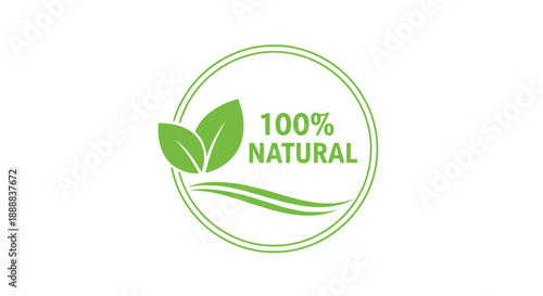 Green emblem showcasing a vibrant 100 percent natural certification seal with leaves