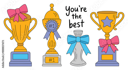 Winning Cup Set Hand Drawn Vector Illustration with Gold, Silver and Bronze Trophies, Ribbon Prize Medals, Winner Champion Achievement and Victory Concept, Isolated Design Elements