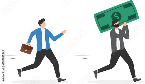 Asset Protection Concept with Businessman Chasing Thief Stealing Giant Green Dollar Bill Money