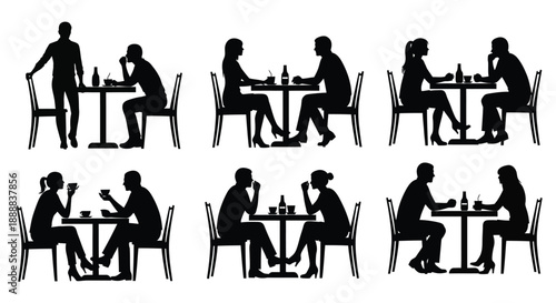 Collection of black silhouette icons depicting various couples seated and standing at small cafe tables