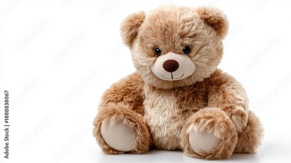 Fototapeta premium Cute teddy bear with friendly smile on white background, children's products imagery, toy advertising visual, nursery decoration item, plush companion display, childhood comfort