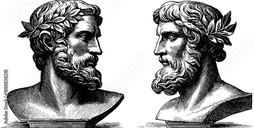 Vintage botanical sketch of classical busts with laurel wreaths - art reference for academic study