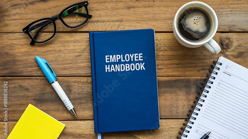 Employee handbook on office desk with work essentials
