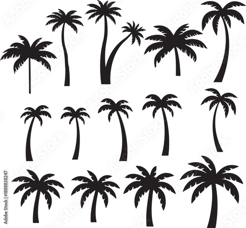  set of palm trees, palm, tree, tropical, vector, silhouette, beach, nature, leaf, illustration, summer, coconut, palm tree, island, plant, design, travel, pattern, sea, sun, palms, branch, palmtree