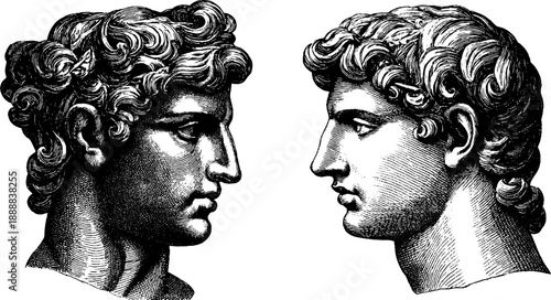 Classical busts in academic style with vintage botanical elements