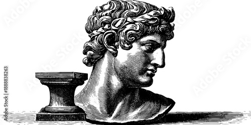 Classical plaster bust with botanical style in vintage engraving for artistic design