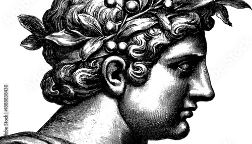 Classical bust with botanical elements in vintage engraving style for academic reference and design