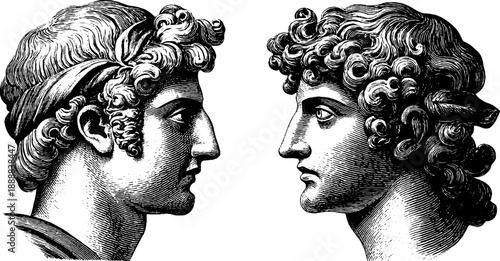 Classical busts with botanical elements in vintage engraving style for academic reference and design