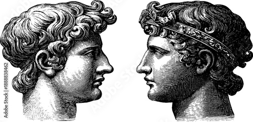 Classical antique busts in vintage botanical catalogue style for historical art design