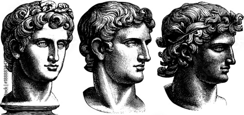 Antique classical busts in vintage botanical museum catalog style for retro design