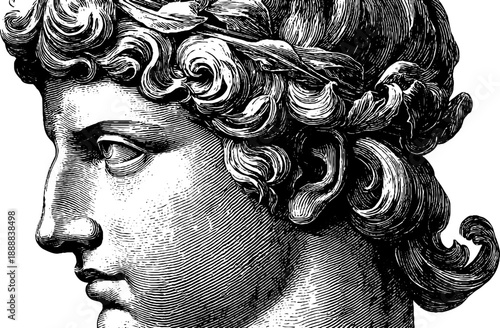 Classical bust with botanical accents in antique museum catalogue style