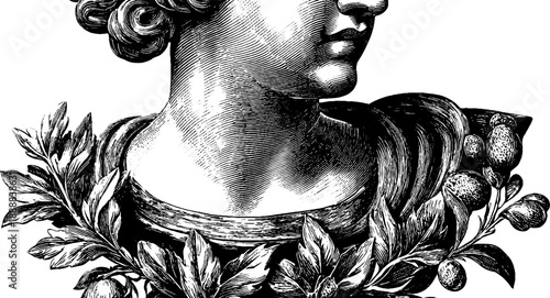 Classical bust fragment with botanical motif in vintage engraving style for art design