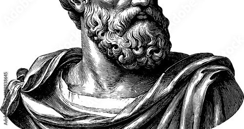 Classical bust with drapery folds and botanical details in vintage engraving