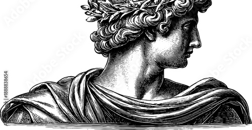 Classical bust with drapery folds and botanical details in vintage engraving style