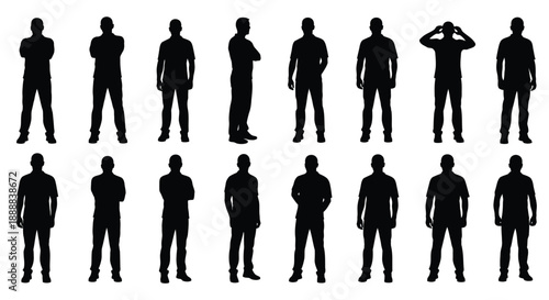 Collection of diverse male figures presented in multiple standing poses as black silhouettes