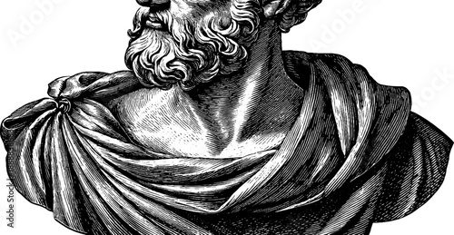 Classical bust with drapery folds and botanical detail - vintage hand-drawn silhouette for design