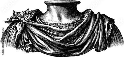 Classical bust detail with drapery folds and botanical elements in vintage engraving style