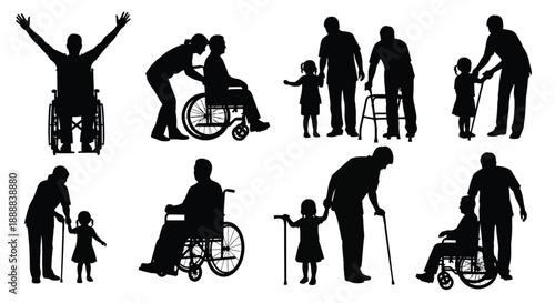 Silhouette collection shows various depictions of people with disabilities receiving support and mobility assistance