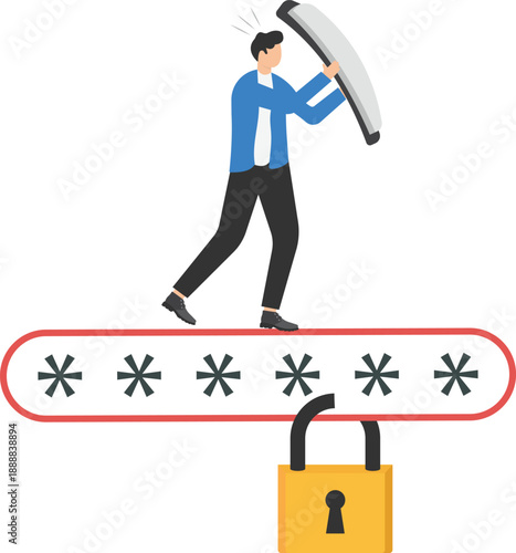 Digital Defense Concept with Businessman Breaking Open Secure Password Lock Asset
