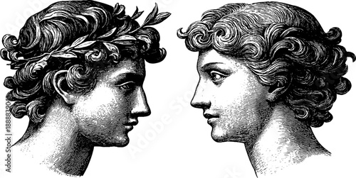 Classical bust hair texture study with vintage botanical engraving silhouette design