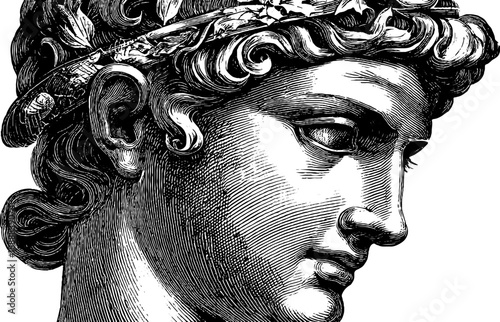 Classical bust with botanical detail in vintage engraving style