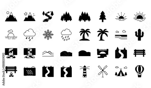 Landscape icons collection vector set with editable stroke for nature and travel designs
