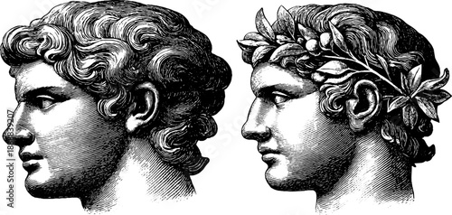 Classical busts with neutral expressions and botanical elements for vintage design