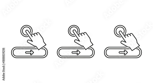 Set of three line art icons illustrating a finger pressing a touch screen next or swipe gesture