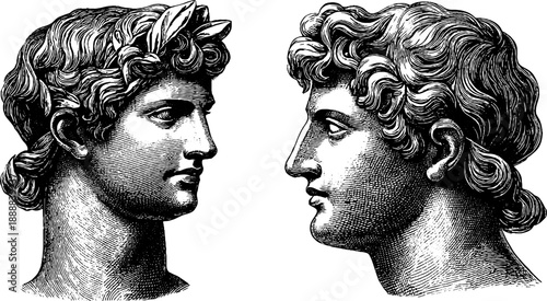 Classical bust portrait with neutral expression and botanical elements for vintage design