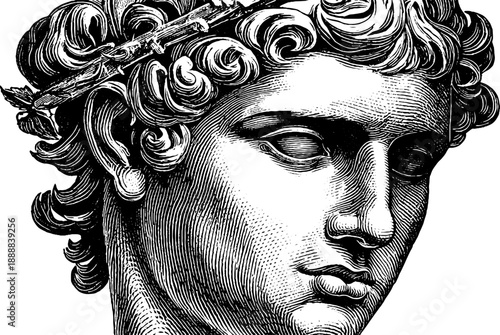 Classical bust with neutral expression and botanical elements - hand drawn vintage portrait