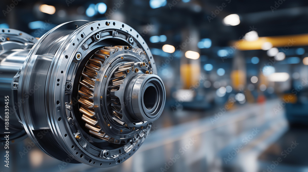 Fototapeta premium Detailed 3D engine model on display in industrial setting, mechanical rendering, engineering visualization, manufacturing environment, with copy space