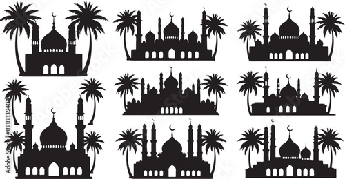 Silhouette of Mosques with Palm Trees at Sunset Vector