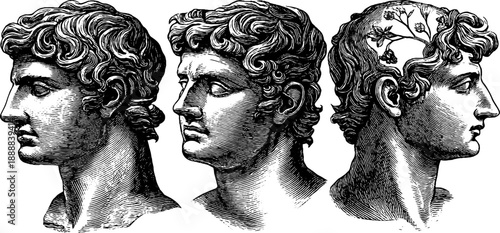 Classical bust profile with botanical elements in vintage engraving style