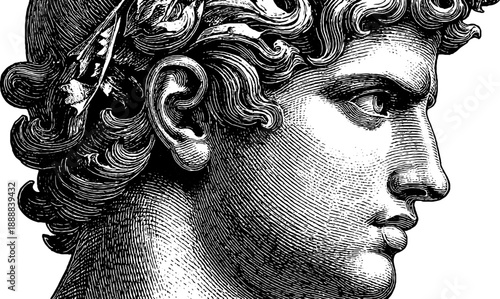 Classical bust profile with botanical elements in vintage hand-drawn engraving style