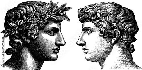 Classical bust silhouette with botanical laurel wreath in vintage engraving style