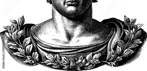 Classical bust with botanical details and surface cracks for vintage decor and design