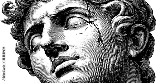 Classical bust with surface cracks and vintage botanical details for art and design