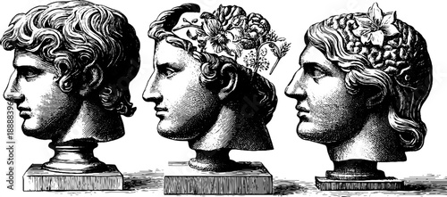 Classical busts with botanical elements and surface cracks - vintage engraving design for artistic projects