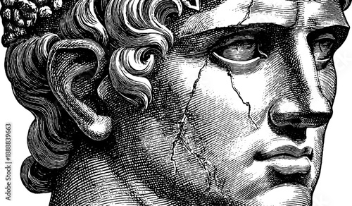 Classical bust with surface cracks and botanical detail - vintage hand-drawn art