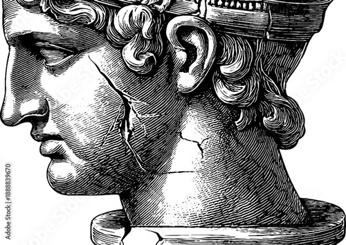 Classical bust with surface cracks and botanical details in vintage style for art design