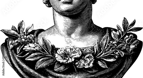 Classical bust with symmetrical botanical elements in vintage style