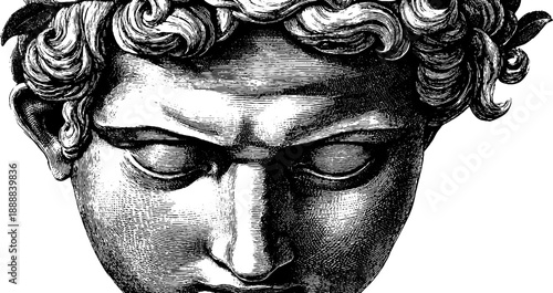 Classical bust sculpture with blank eyes and vintage botanical design for art projects