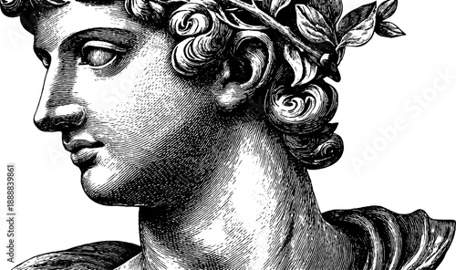 Classical bust with calm expression and vintage botanical elements in engraving style