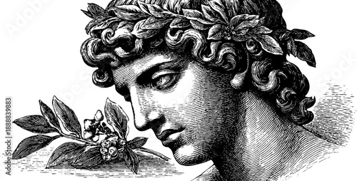 Classical bust with calm expression and vintage botanical elements